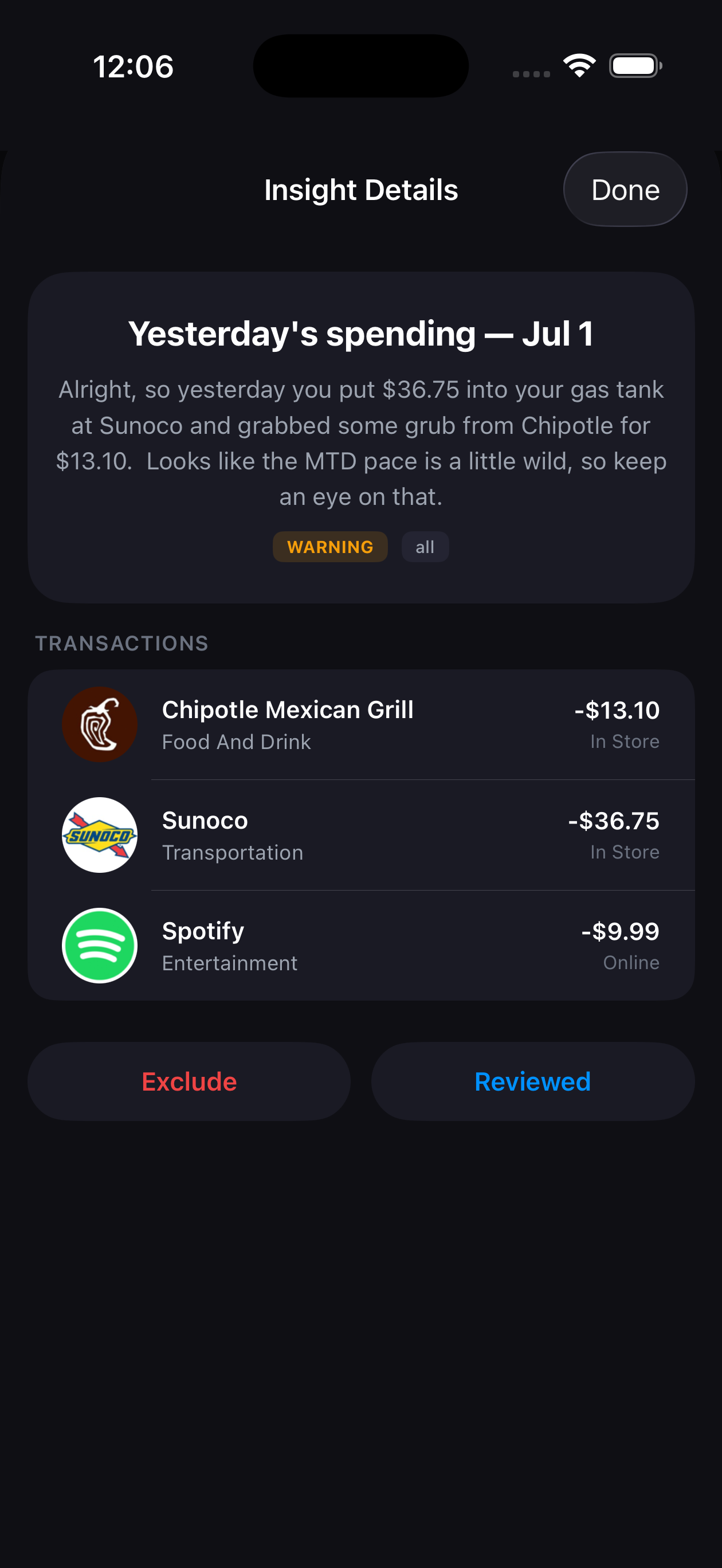Daily spending recap